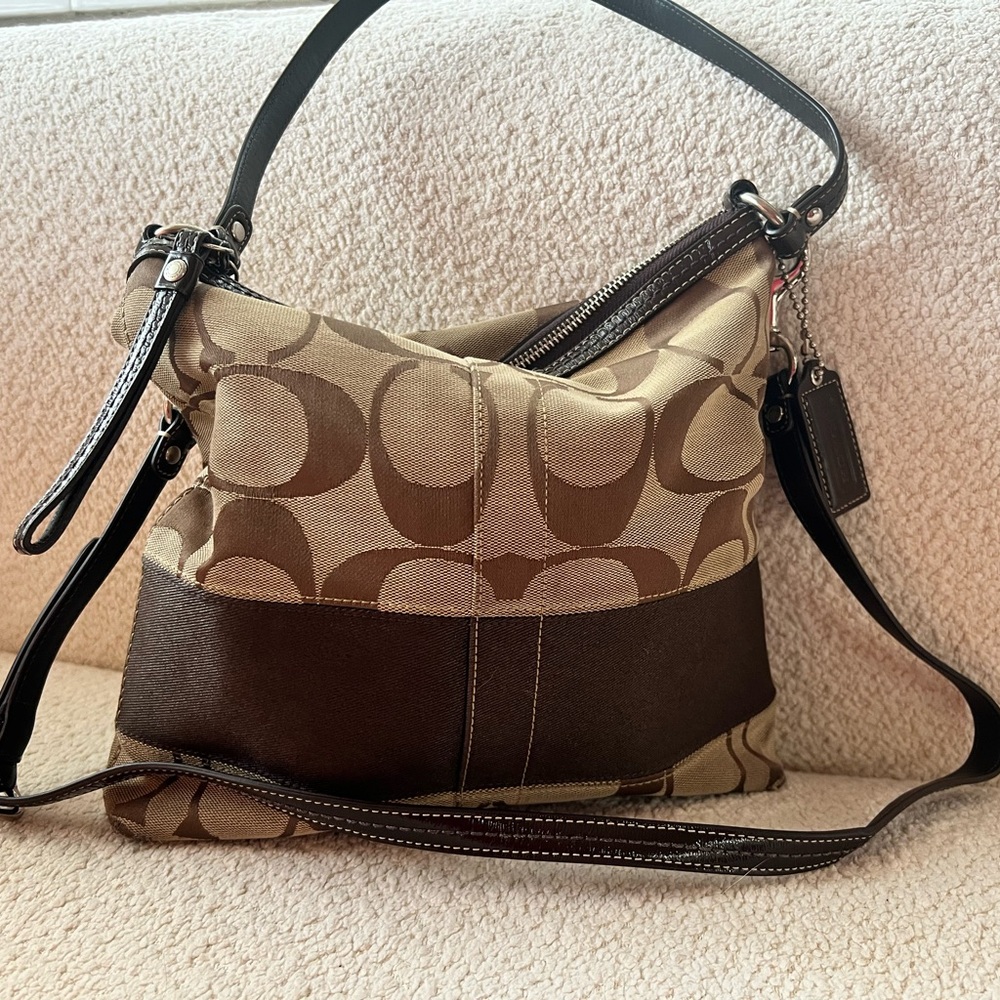 Coach Tan and Brown Striped Convertible Crossbody Bag